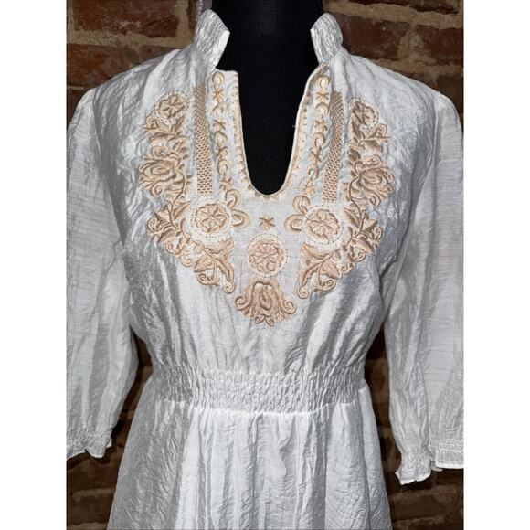 Neslay Paris White Crepe Embroidered Dress Sz M Short Sleeve Bubble Hem Coastal - Picture 3 of 10